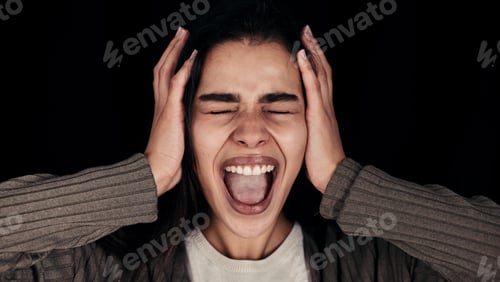 Preview: Frustrated, scream and stress, black woman with face and anxiety, mental health problem against bla