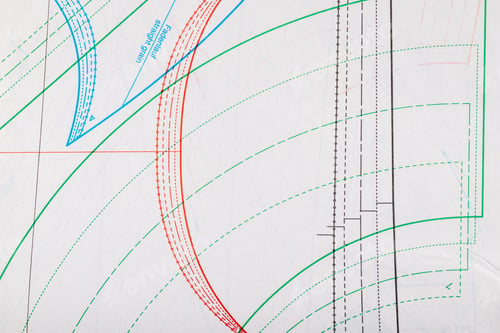 Preview: Professional sewing pattern on white paper, modern tailoring
