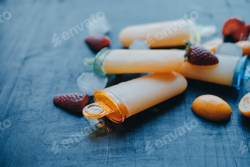 Preview: Homemade yogurt popsicles with strawberries and kumquat on a black wooden background