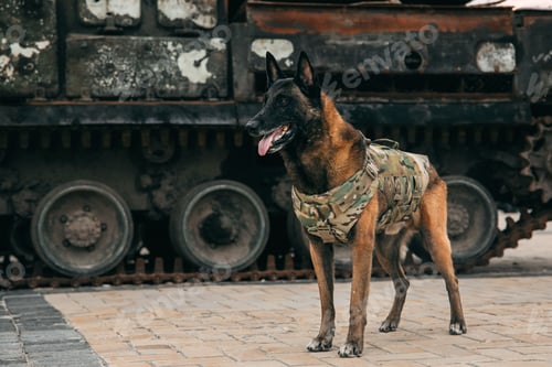 Preview: Malinois Dog in Bulletproof Vests against Military Equipment. Belgian Shepherd Malinois dog