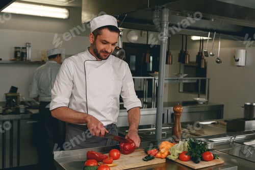Preview: Chef preparing salad in the modern kitchen of restaurant. Tasty and healthy food