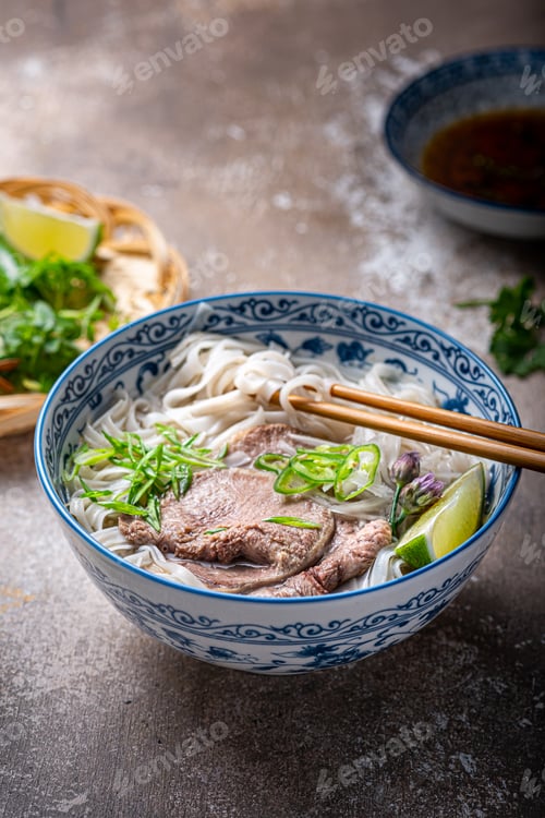 Preview: Noodle soup with beef, hot sauce and assorted aromatic herbs, copu space