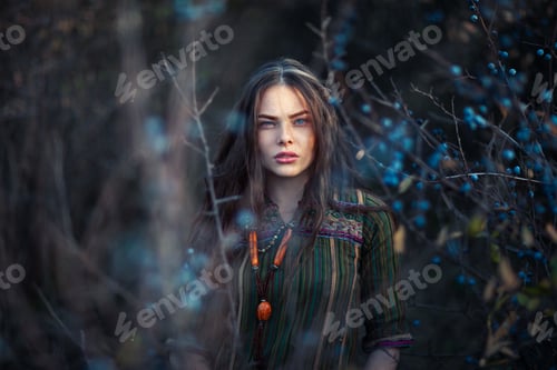 Preview: Fashion portrait of young boho girl at sunset posing on nature