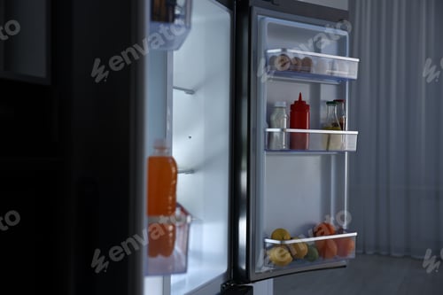 Preview: Open refrigerator full of different products in kitchen