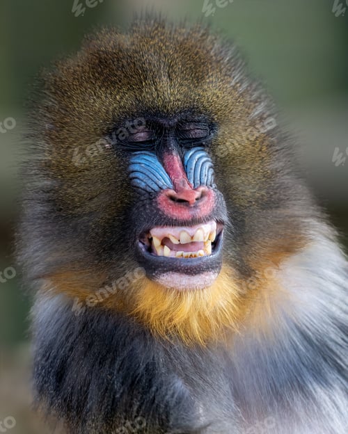 Preview: Close-up of a mandrill with eyes closed and showing teeth, highlighting its colorful face