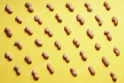 Preview: rows of peanuts arranged on yellow background