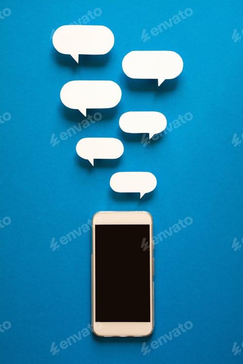 Preview: Smartphones with paper speech bubbles on blue background