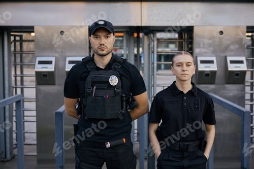 Preview: Diverse police officers patrolling and guarding entrance to public subway
