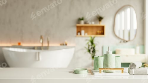 Preview: Modern bathroom interior with green marble accessories and freestanding bathtub