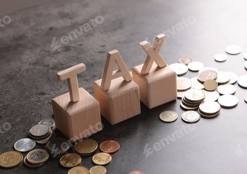 Preview: Word Tax, wooden letters and coins on grey table, space for text