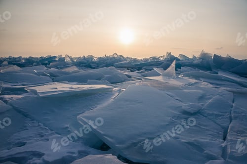 Preview: Close up View of Snowy Ice Bricks on Sunset, Russia, Lake Baikal