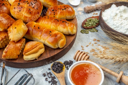 Preview: front view yummy sweet buns with pastries cereals and eggs on white background dough pie fruits cook