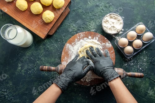Preview: top view female cook rolling out dough with flour on dark background cakes job oven hotcake bake