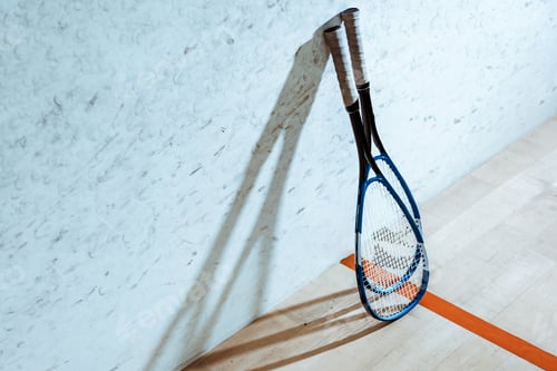 Preview: Two squash rackets on wooden floor in four-walled court