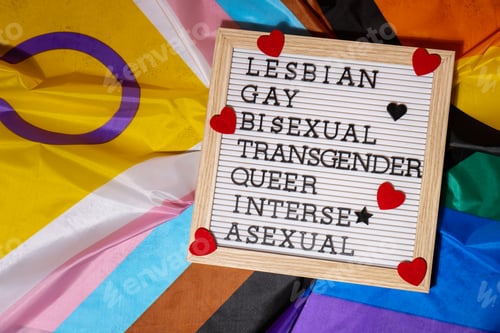Preview: LGBTQIA description frame on Rainbow LGBTQIA flag made from silk material. LESBIAN, GAY, BISEXUAL