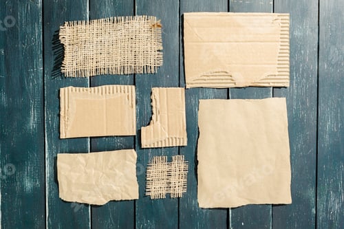 Visualização: pedaços rasgados de papel velho sobre fundo preto de madeira