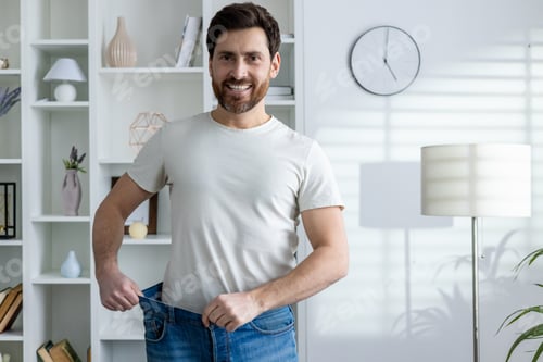 Preview: Happy man showing weight loss in living room with big smile wearing white t-shirt and blue jeans