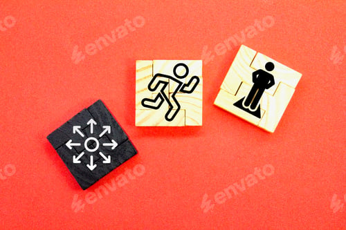 Preview: Wooden puzzle with action plan success icon. the concept of success