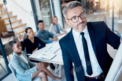 Preview: Business, coaching and learning, leader meeting or presentation with team idea sharing in corporate