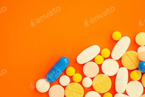 Preview: Pills, Different Types Of Medicine For The Disease, Medical Preparations. Background Top View. Copy