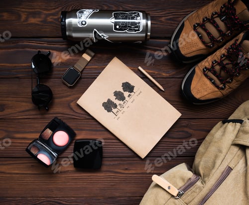 Preview: Travel Accessories Flat Lay on Wooden Surface