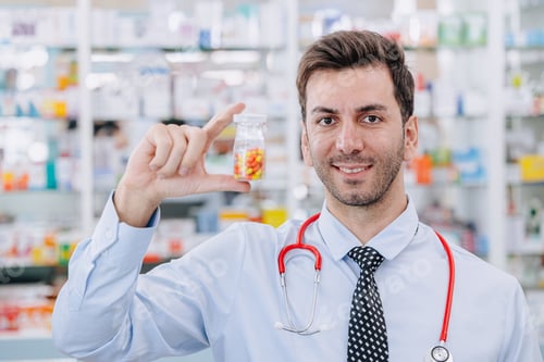Preview: Happy Doctor Pharmacist man in drug store hand holding medicine capsule pills pack, Medicare service