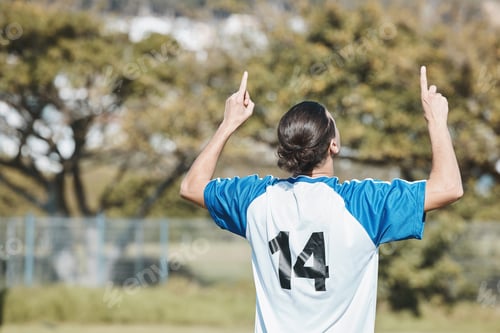 Preview: Back, success and a man with a gesture for soccer, game win and celebration of a goal. Happy, field