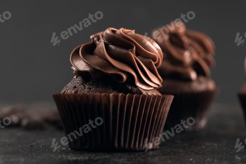 Preview: close-up view of tasty sweet chocolate cupcakes on black