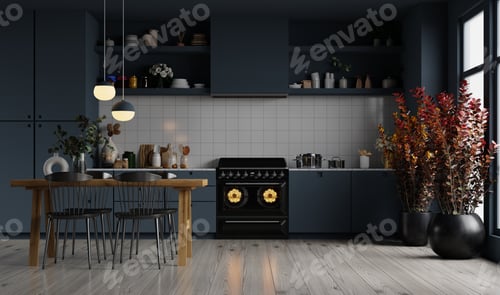 Preview: Style dark blue kitchen and minimalist interior design