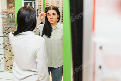 Preview: woman trying on optical glasses in eyewear store.
