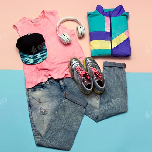 Preview: Stylish set. Fashionable jeans and sneakers. Accessories Headpho