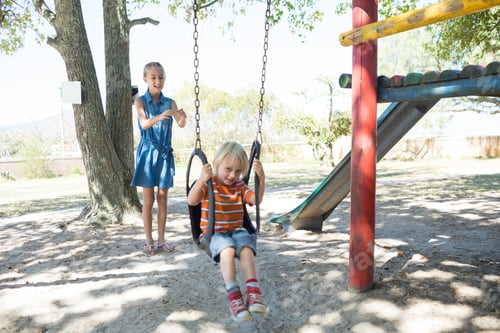 Preview: Sister pushing brother sitting on swing