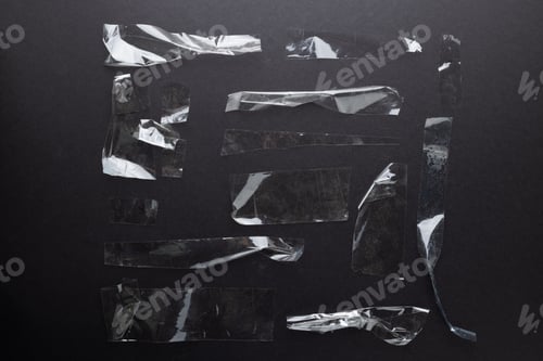 Preview: Ripped up pieces of transparent tape on black background