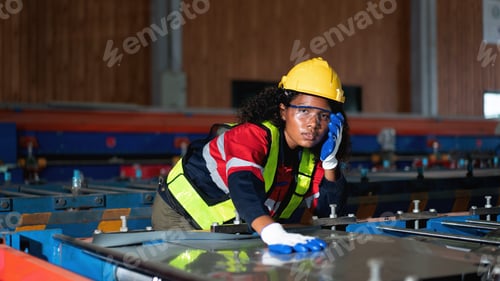 Preview: Industrial Engineers or Foreman inspecting and check up machine at factory machines.