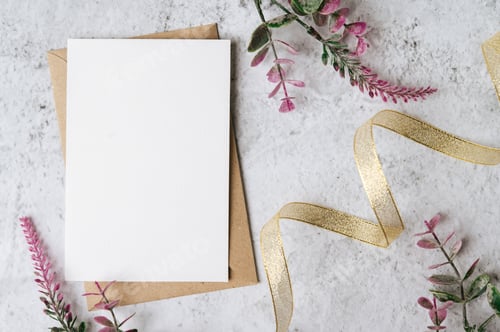 Preview: A blank card with envelope and flower is placed on white background