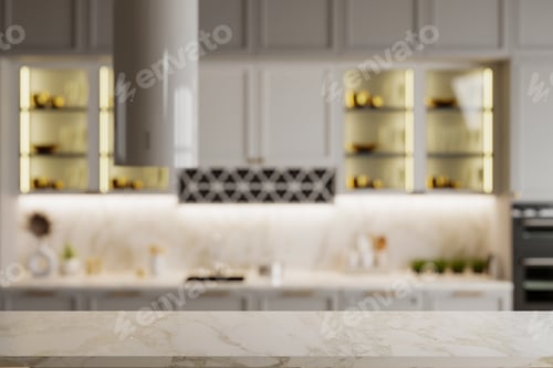 Preview: kitchen with a counter and cabinets,Empty marble table with the bright gray interior