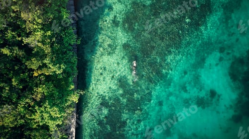 Preview: High angle shot of an unrecognizable man swimming around the beautiful islands of Raja Ampat