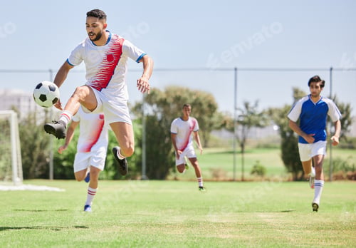 Preview: Football, soccer players in match and competition game with professional adult footballers with tem
