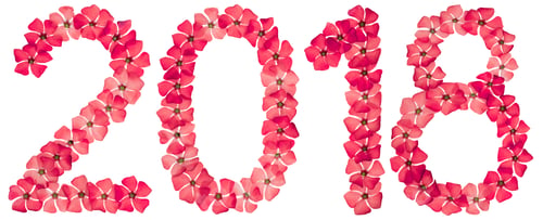 Preview: Inscription 2018, from natural red flowers of periwinkle, isolated on white background