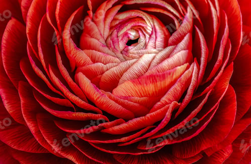 Preview: Macro shot of red ranunculus, top view, petal texture, natural background.