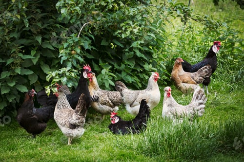 Preview: Small flock of domestic chickens in a garden.