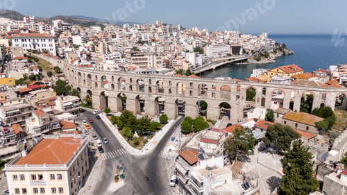 Preview: Drone view old town and Mediterranean sea in Kavala, Greece, Europe