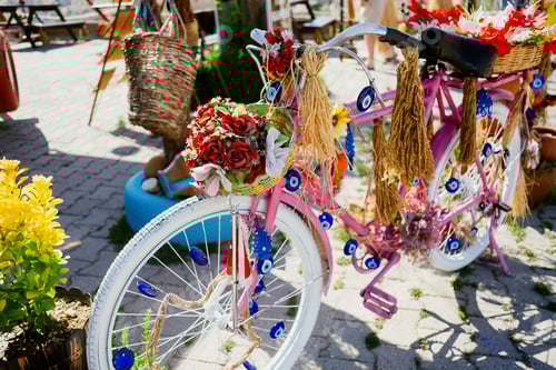 Preview: Bicycle in pink color with flowers stand in a beautiful touristic place.
