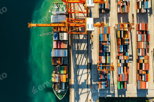 Preview: Containers in international shipping dock waiting to import or export and transportation. Top view