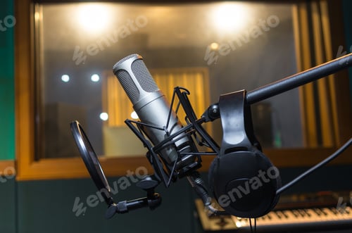 Preview: Professional condenser studio microphone with Earphone in dark studio background, Musical Concept