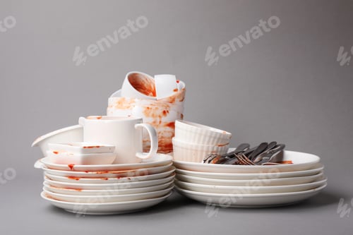 Preview: Set of dirty dishes on grey background