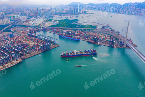 Preview: container cargo ship in the export and import business and logistics. Shipping to the harbor