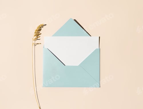 Preview: Blue envelope with empty white paper letter and dry herb on beige background