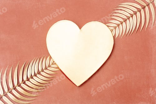 Preview: Golden palm branches and heart shape on pink background.