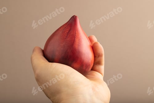 Preview: Red Heart shape tomatoes with hand on beige pastel paper. Side view, copy space